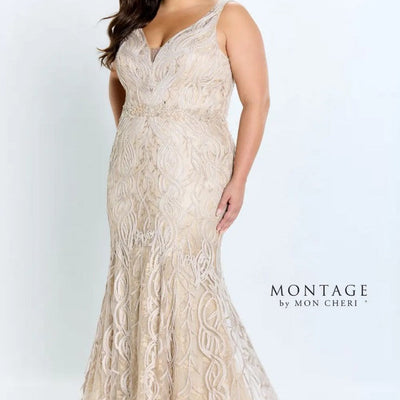 Montage 120921 Long Beaded Lace Metallic Evening Formal Dress