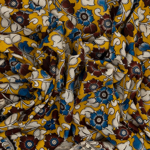 Mustard Handloom Kalamkari Cotton Saree With Printed Floral Motifs