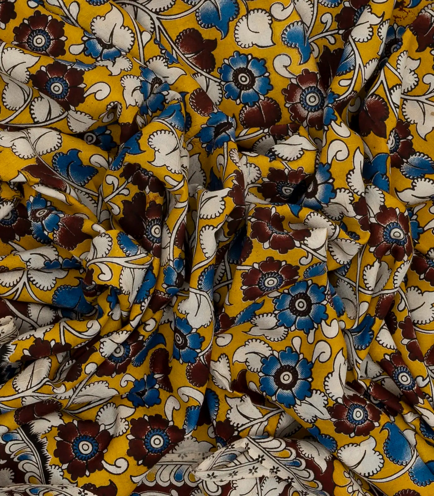 Mustard Handloom Kalamkari Cotton Saree With Printed Floral Motifs