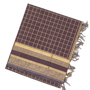 Dark Grey Handloom Silk Cotton Saree With Zari Checks