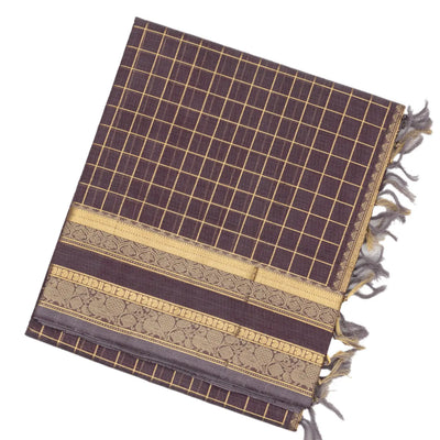 Dark Grey Handloom Silk Cotton Saree With Zari Checks