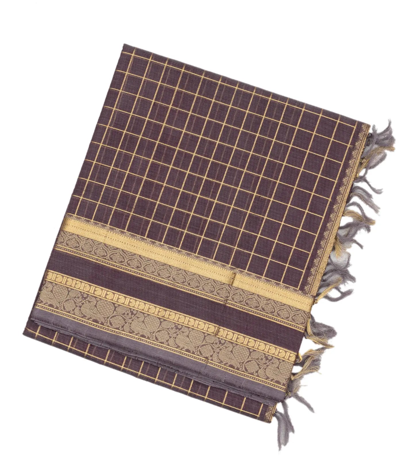 Dark Grey Handloom Silk Cotton Saree With Zari Checks