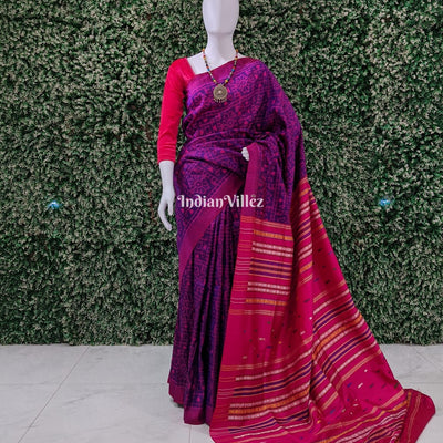 Purple Shree Yantra & Flower Contemporary Silk Saree with Double Pallu