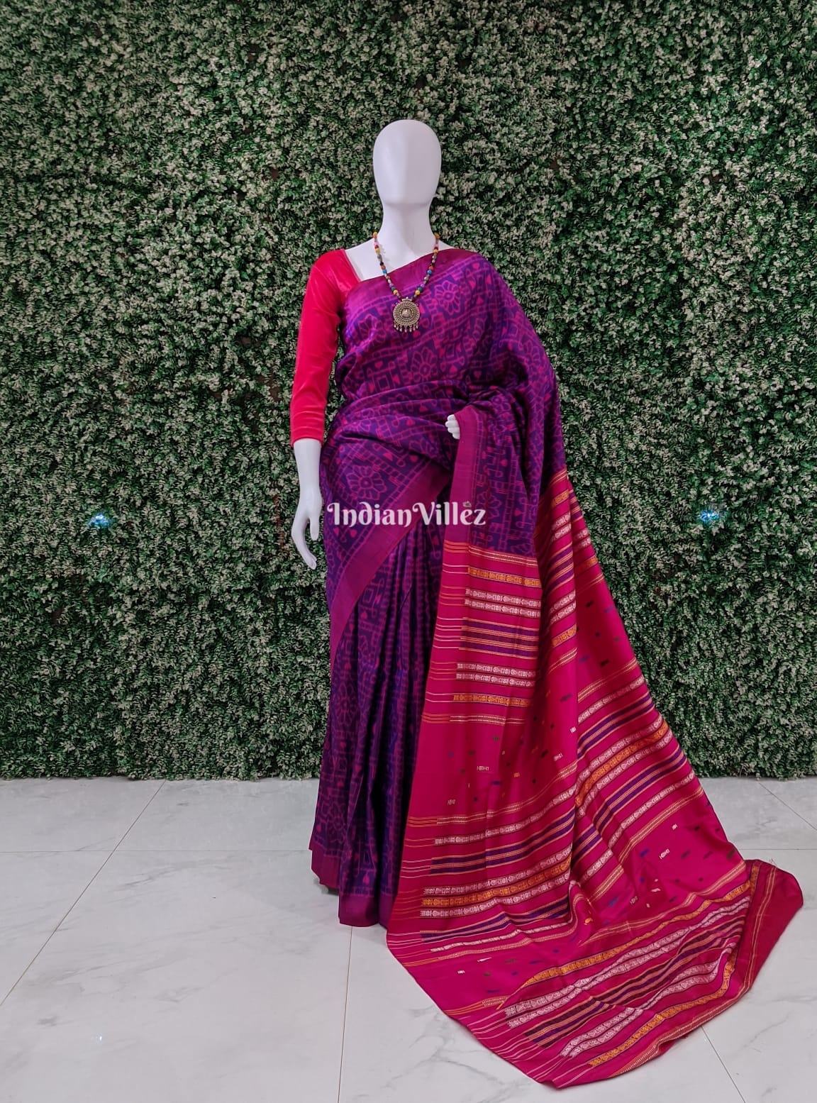 Purple Shree Yantra & Flower Contemporary Silk Saree with Double Pallu