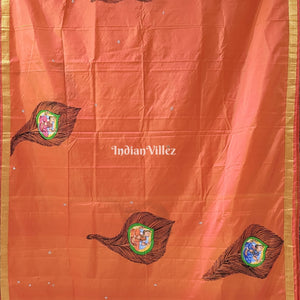 Orange Radha Krishna Peacock Design Pattachitra Saree