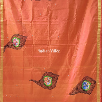 Orange Radha Krishna Peacock Design Pattachitra Saree