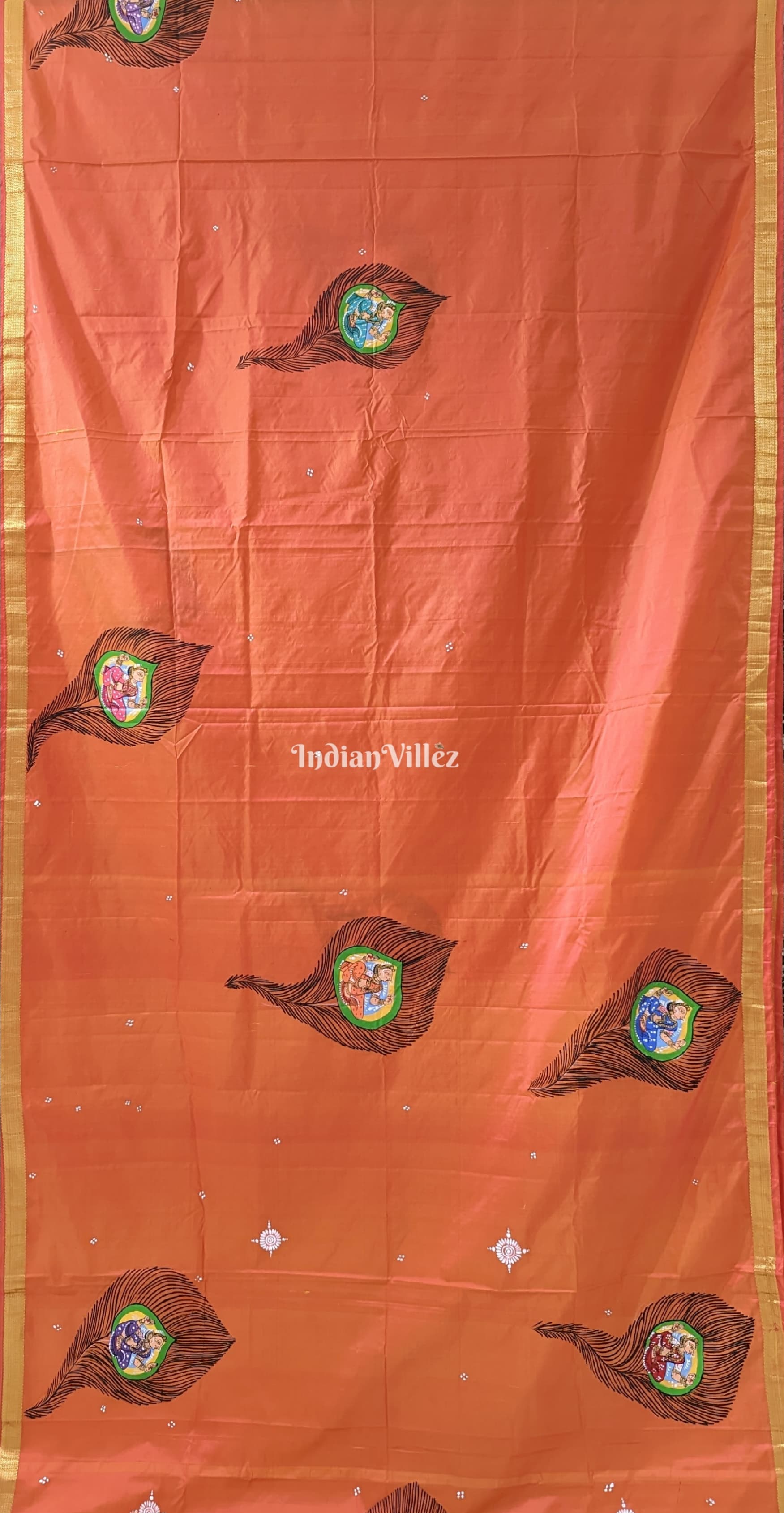 Orange Radha Krishna Peacock Design Pattachitra Saree