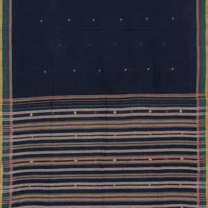 Midnight Blue Handloom Bhujodi Cotton Saree With Cross Buttas