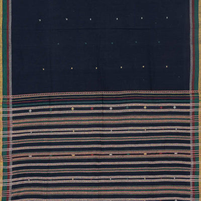 Midnight Blue Handloom Bhujodi Cotton Saree With Cross Buttas