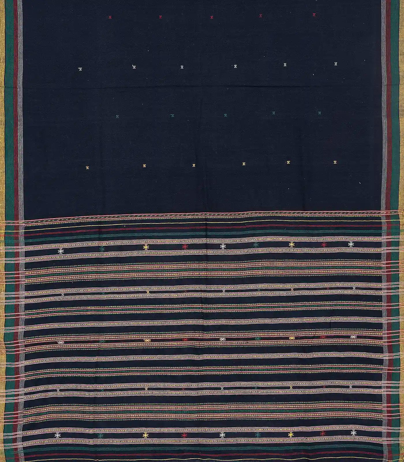 Midnight Blue Handloom Bhujodi Cotton Saree With Cross Buttas