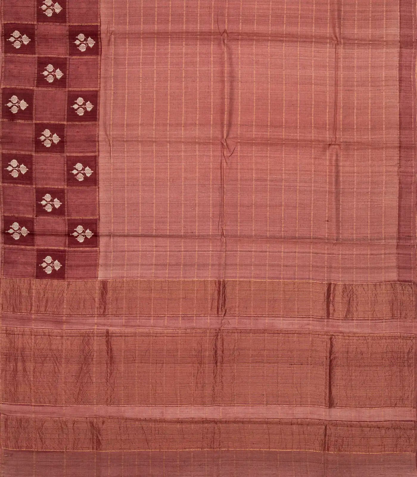 Chesnutt Pink Handloom Tussar Silk Saree With Stripes & Floral Motifs in Border
