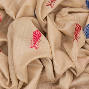 Sandal Handwoven Tussar Silk Saree With Fish & Bird Motifs in Body & Pallu-Sandal