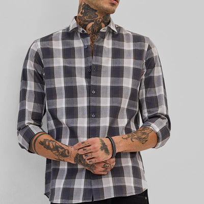 Charcoal Grey Checks Slim Fit Shirt