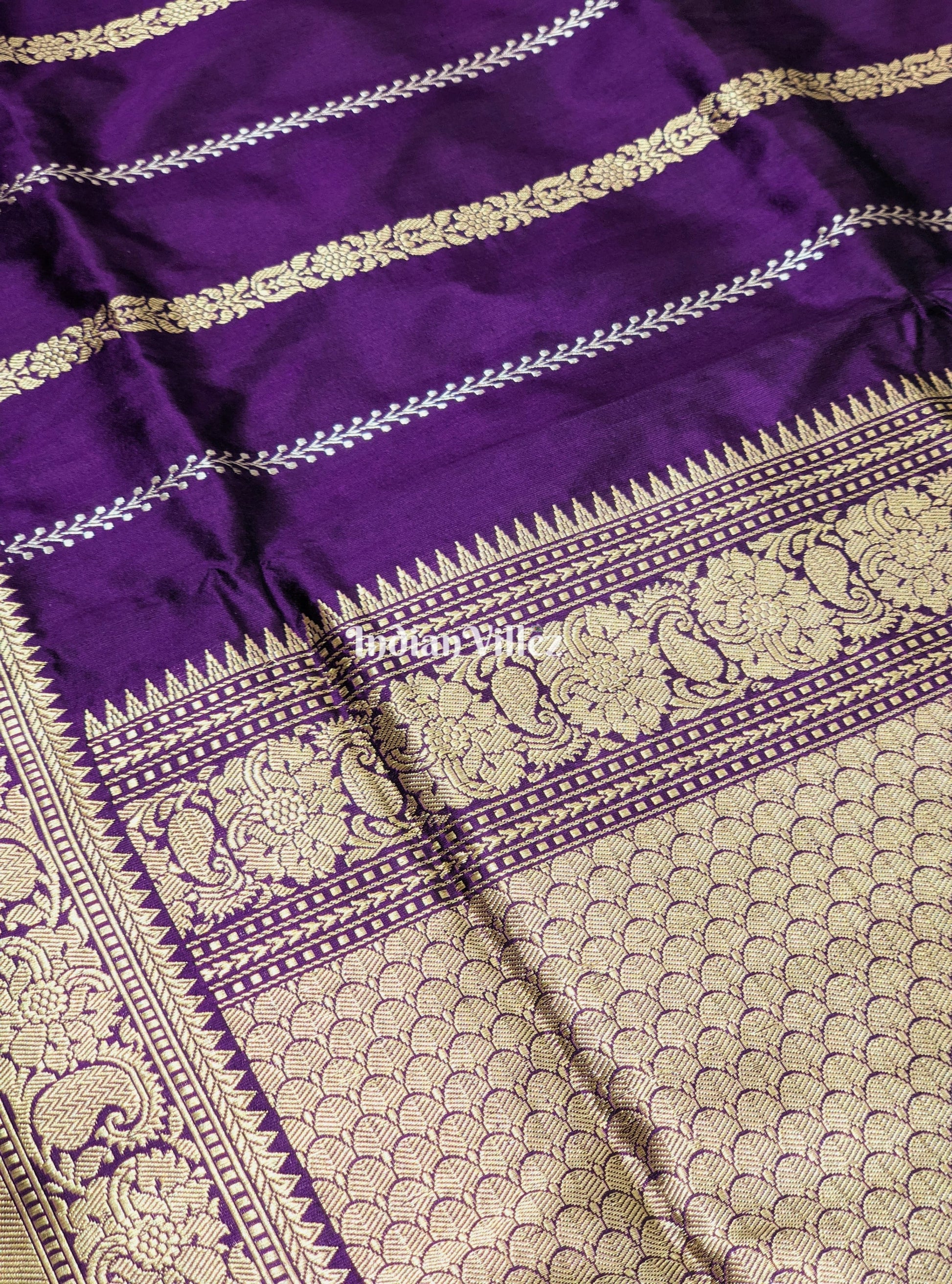 Purple Banarasi Katan Saree with Golden Siver Zari Work