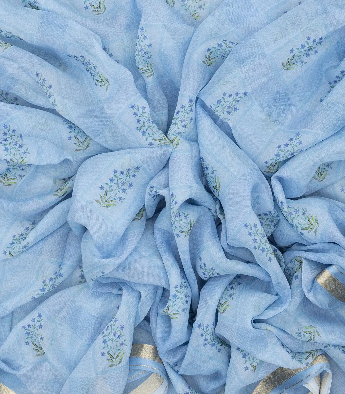 Light Blue Handwoven Banarasi Georgette Silk Saree Printed With Floral Motifs