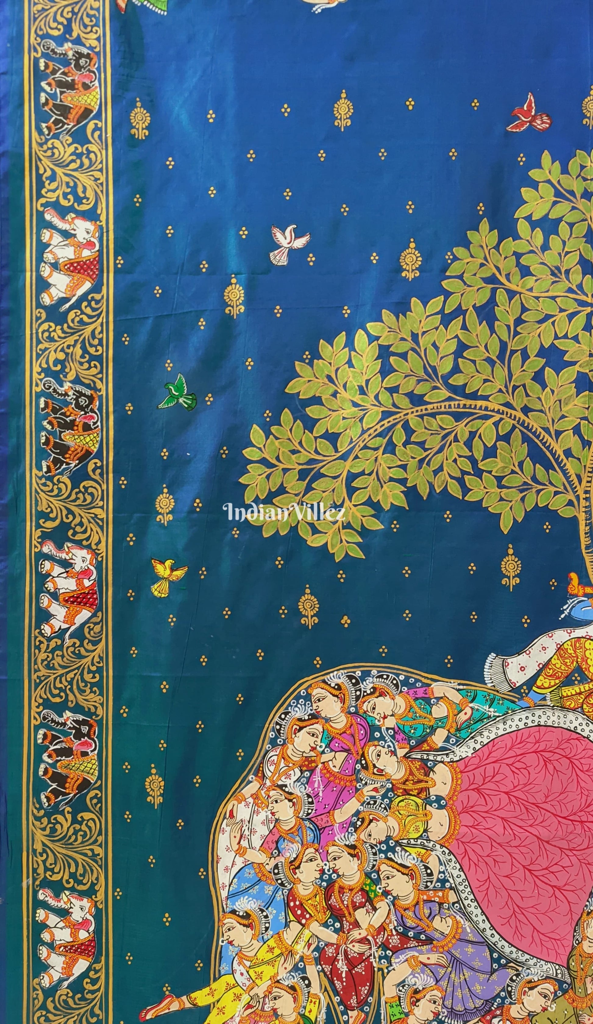 Peacock Green Dual Tone Kandarpa Hasti Hand-Painted Pattachitra Saree