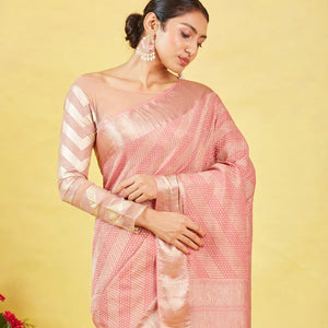 Dusty Pink Crepe Silk Saree With Diagonal Zari Stripes