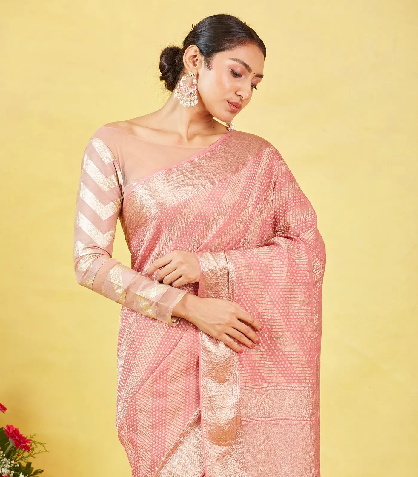 Dusty Pink Crepe Silk Saree With Diagonal Zari Stripes
