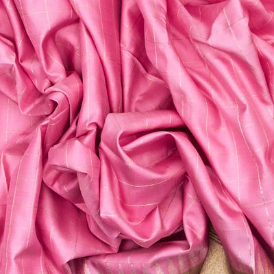 Bubblegum Pink Handloom Kanchipuram Korvai Silk Saree With Checks