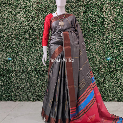 Grey Peach Handwoven Soft Silk Saree