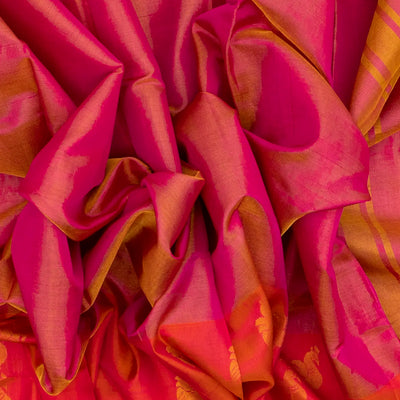 Pink Handloom Uppada Plain Silk Saree With Floral Motifs in Red Border