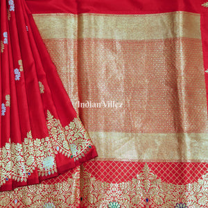 Red Floral Motif Designer Banarasi Katan Silk Saree
