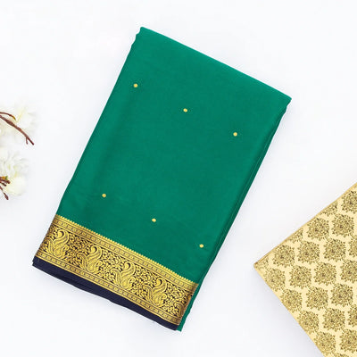 Sea Green Mysore Crepe Silk Saree With Coin Buttas & Navy Blue Zari Border