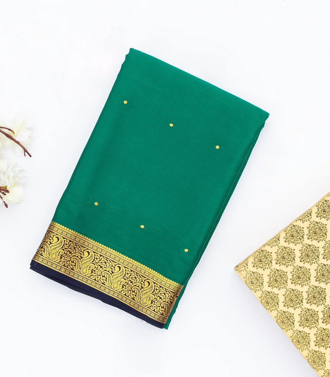 Sea Green Mysore Crepe Silk Saree With Coin Buttas & Navy Blue Zari Border