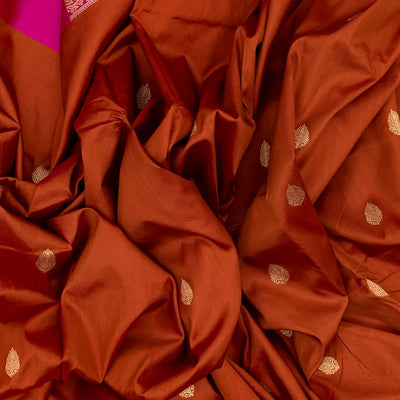 Rust Handloom Banarasi Silk Saree With Floral Buttas