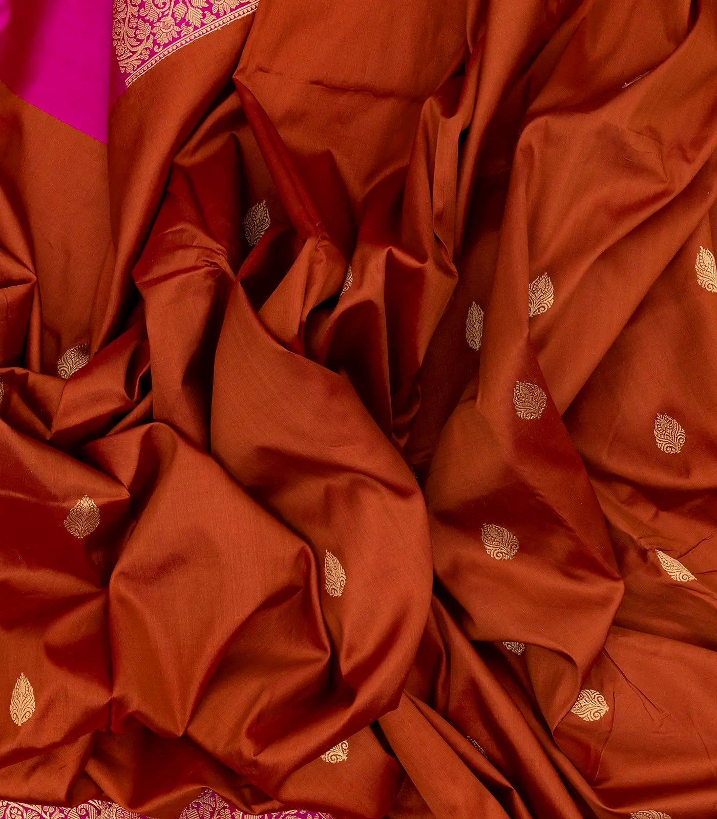 Rust Handloom Banarasi Silk Saree With Floral Buttas