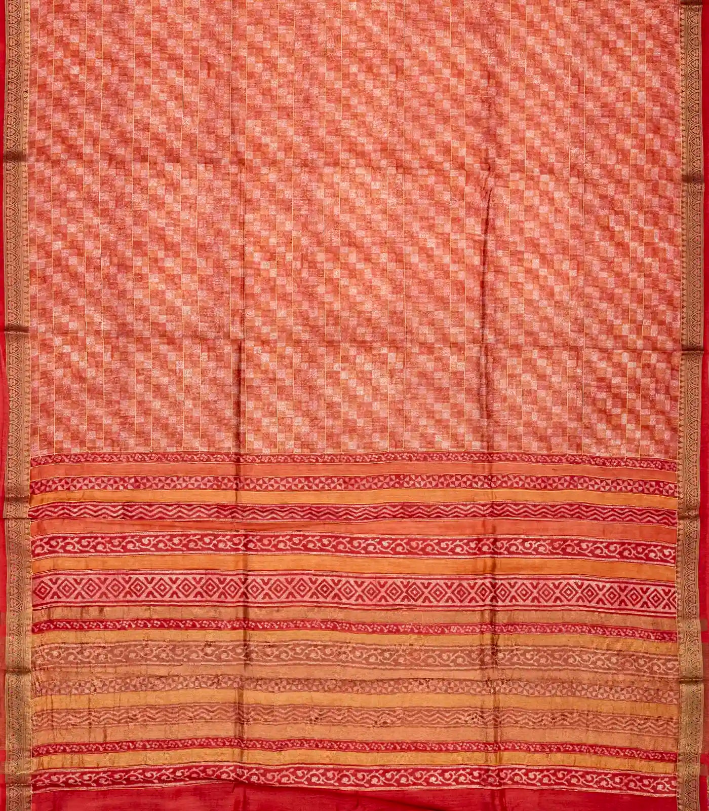 Red Handloom Tussar Silk Saree Printed With Check Motifs