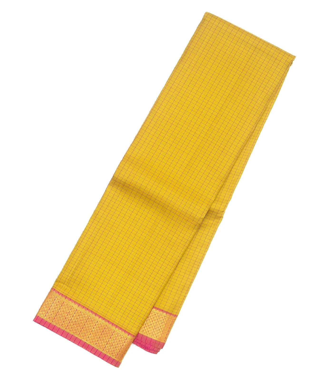 Mustard Handloom Kanchipuram Silk Saree With Checks