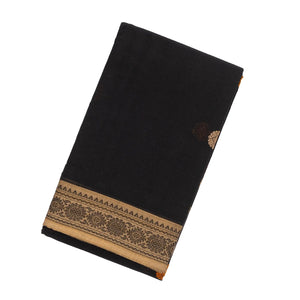 Black Handloom Kanchi Cotton Saree With Floral Buttas & Taupe Border