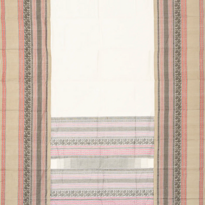 White Handloom Kanchi Cotton Saree With Contrast Border