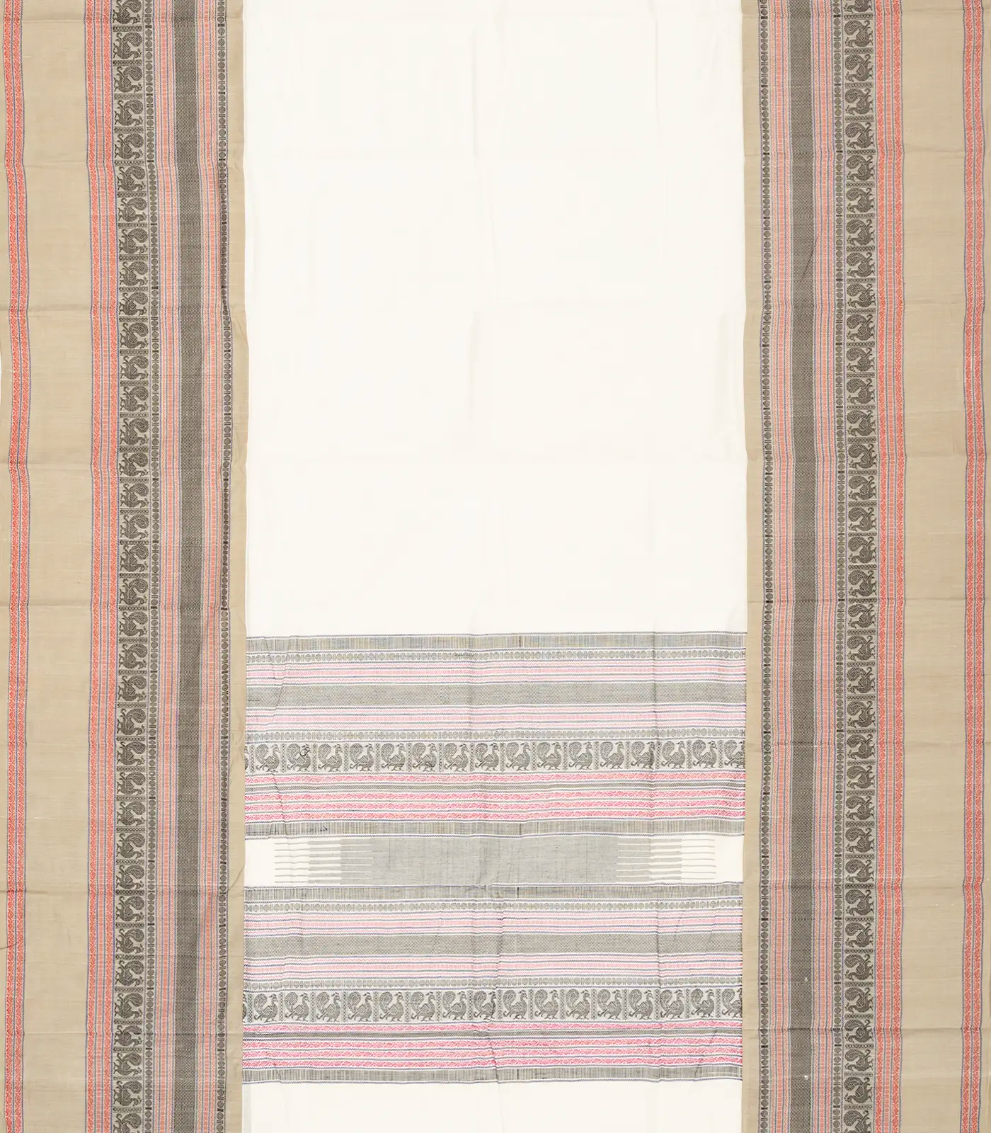 White Handloom Kanchi Cotton Saree With Contrast Border