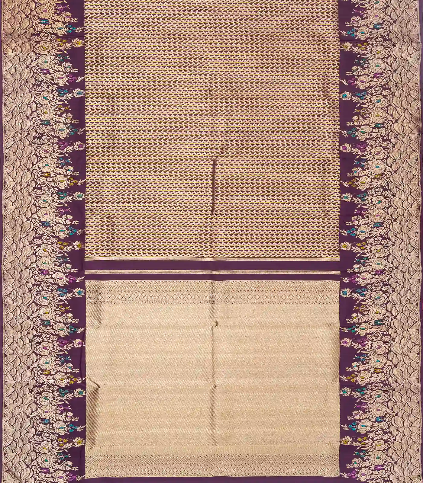 Lilac Handloom Kanchipuram Silk Saree With Chevron Stripes