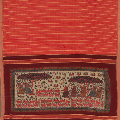 Orange Tussar Silk Saree With Stripes  -Orange
