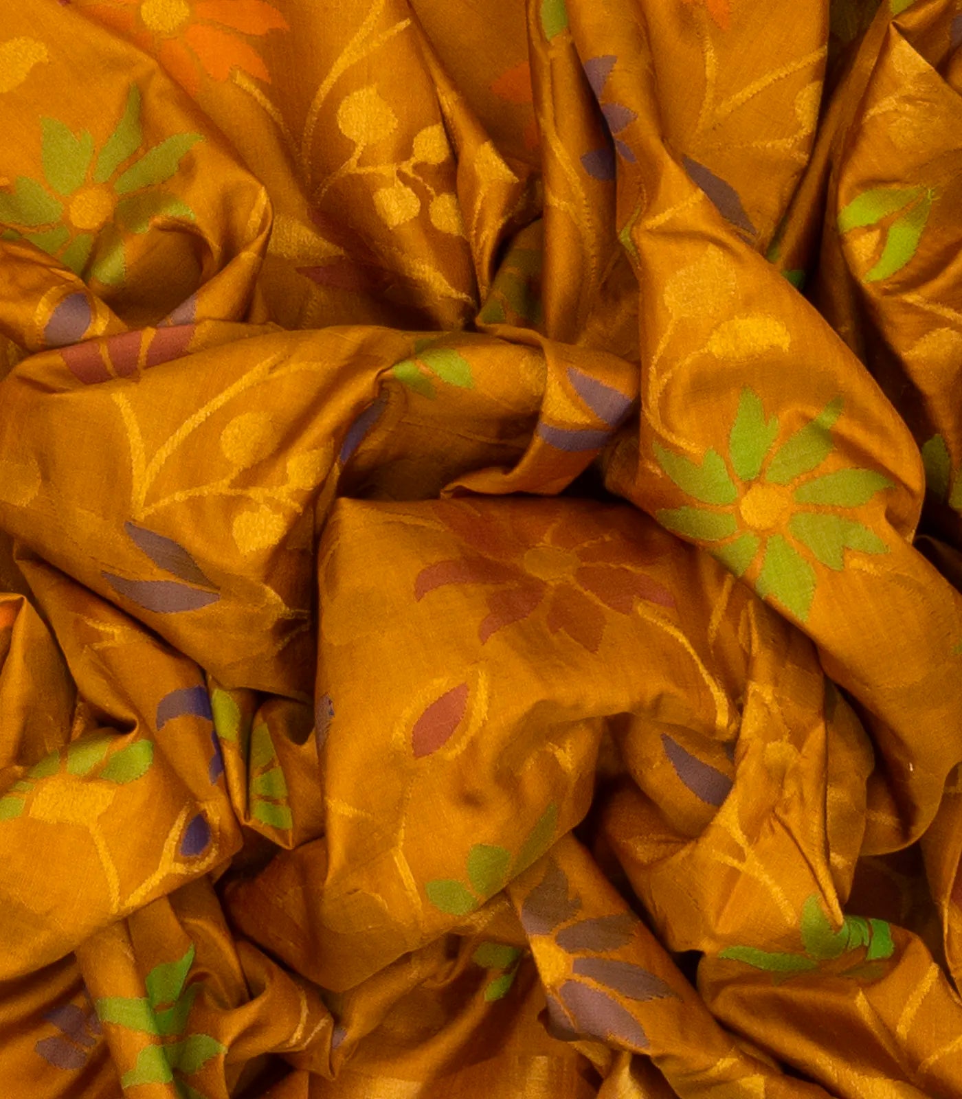 Mustard Handloom Uppada Silk Saree With Meena Floral Motifs