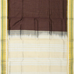 Dark Brown Handloom Korvai Silk Cotton Saree With Contrast White Border