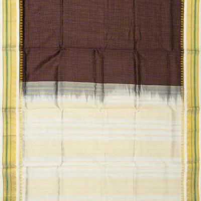 Dark Brown Handloom Korvai Silk Cotton Saree With Contrast White Border