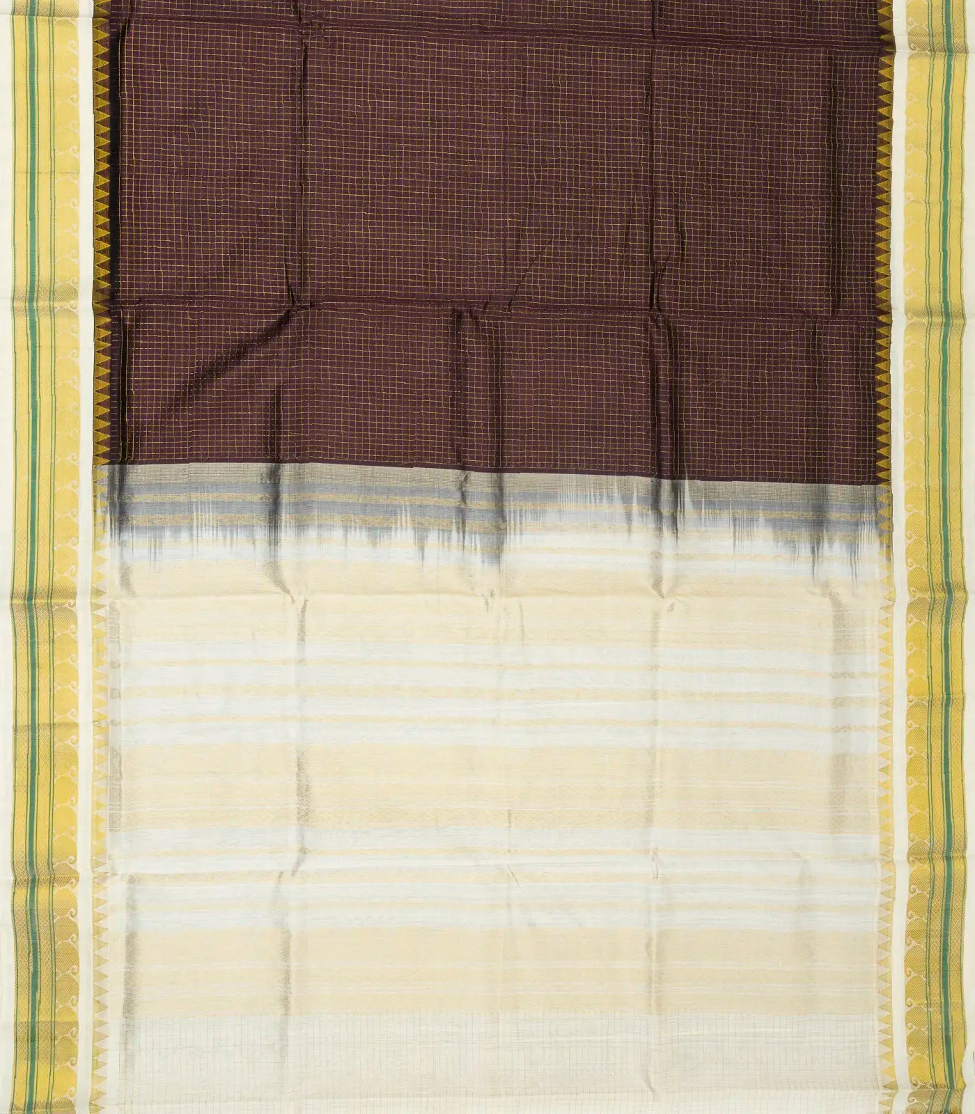 Dark Brown Handloom Korvai Silk Cotton Saree With Contrast White Border