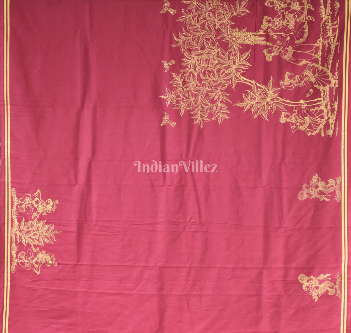 Cherry Red Single Line Raja Theme Pattachitra Saree