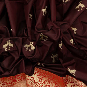 Maroon Handloom Banarasi Silk Saree With Bird Buttas