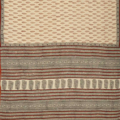 Cream Woven Jaipur Cotton Saree Printed With Crimson Floral Motifs