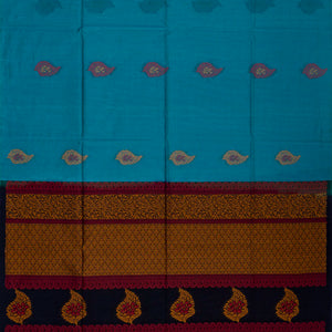 Light Blue Handloom Kora Silk Cotton Saree With Buttas & Black Pallu