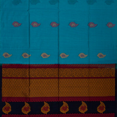 Light Blue Handloom Kora Silk Cotton Saree With Buttas & Black Pallu