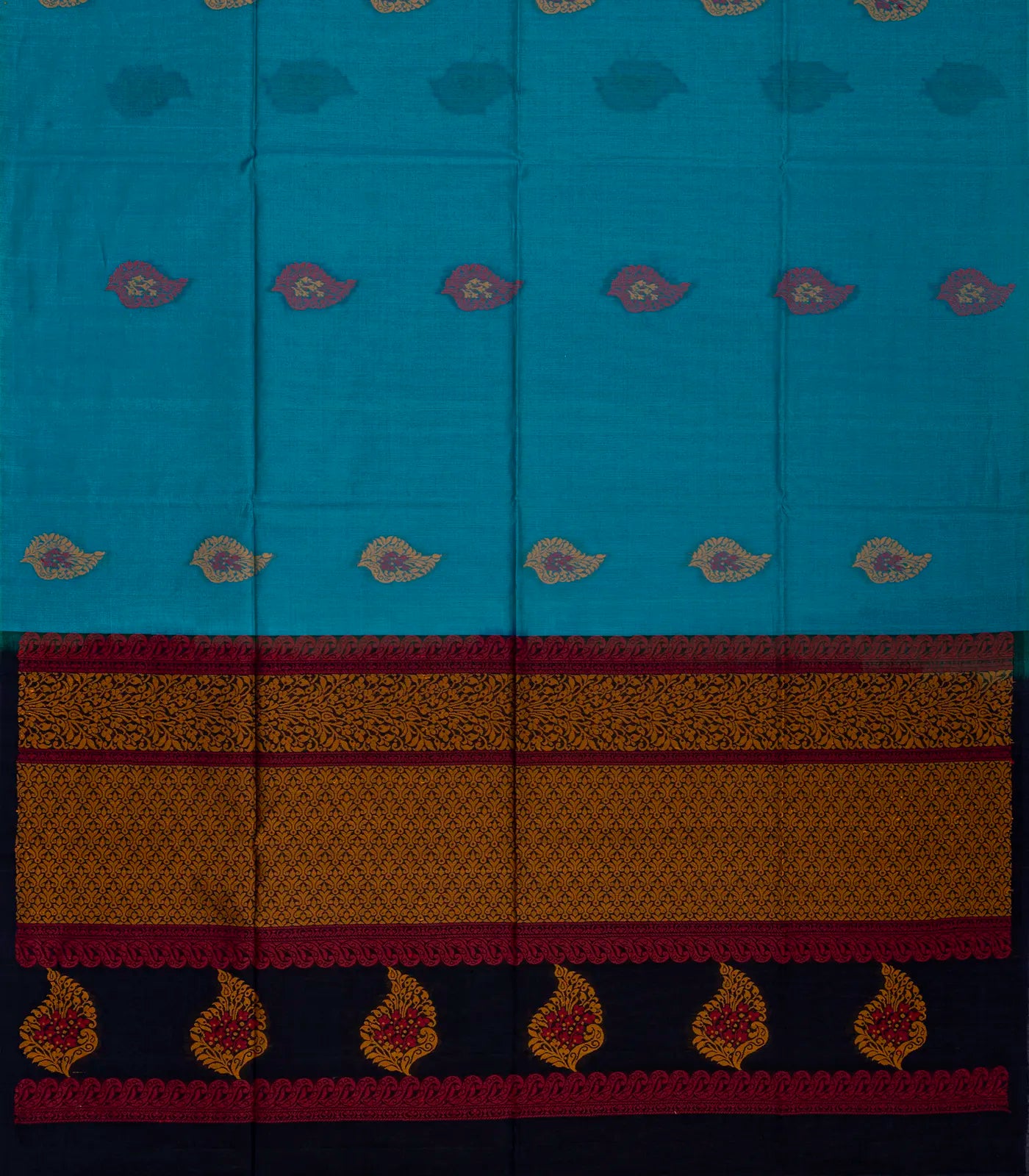 Light Blue Handloom Kora Silk Cotton Saree With Buttas & Black Pallu