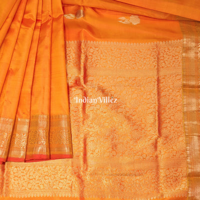 Orange Flower Motif Designer Pure Banarasi Katan Silk Saree