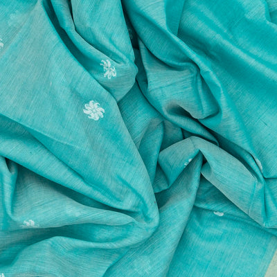 Turquoise Handloom Bengal Cotton Saree With Floral Buttas
