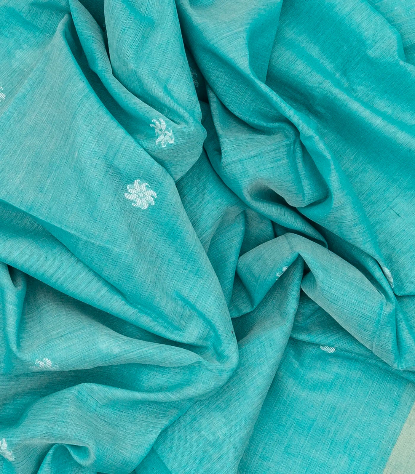 Turquoise Handloom Bengal Cotton Saree With Floral Buttas